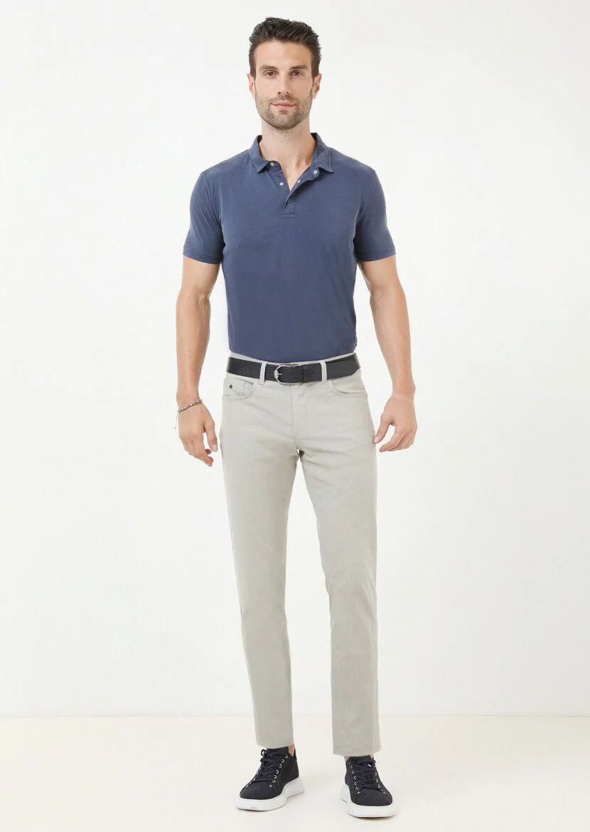 Bej Çizgili Dokuma Slim Fit Casual Pamuk Karışımlı Pantolon - 1