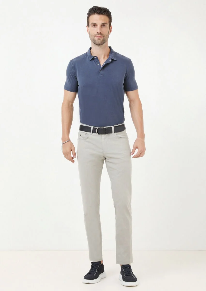 Bej Çizgili Dokuma Slim Fit Casual Pamuk Karışımlı Pantolon - 1