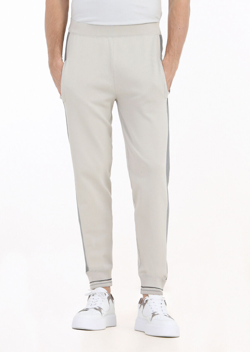Bej Çizgili Örme Jogging Fit Casual Triko Pantolon - 1