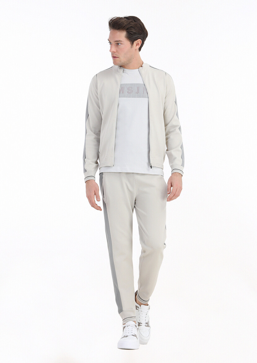 Bej Çizgili Örme Jogging Fit Casual Triko Pantolon - 2
