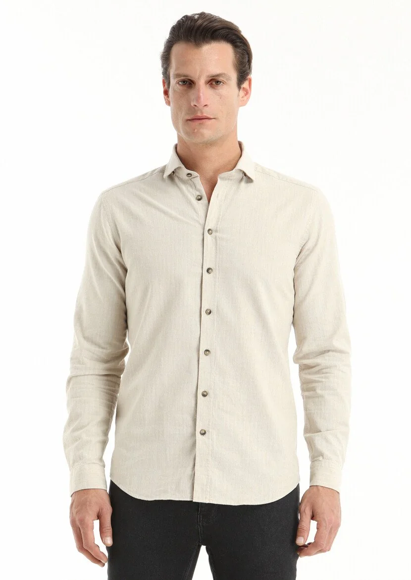Bej Çizgili Regular Fit Dokuma Casual %100 Pamuk Gömlek - 2