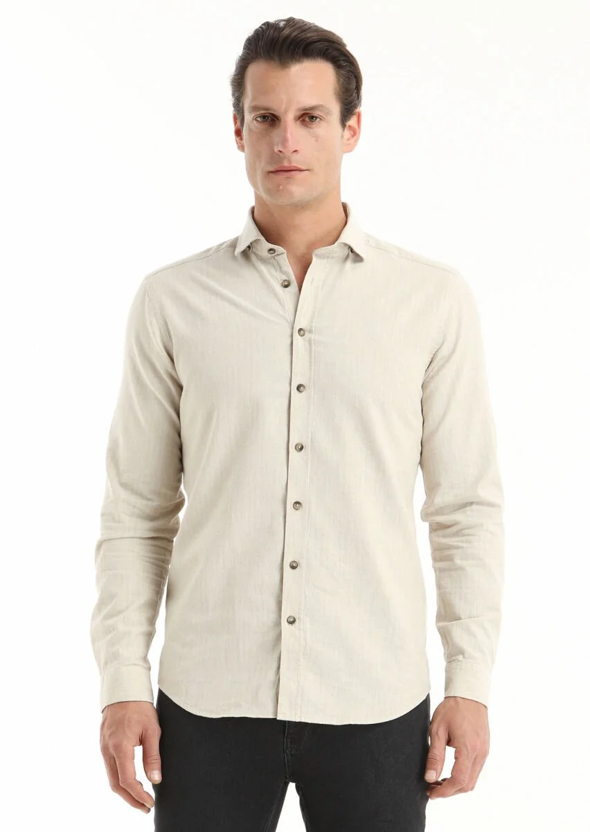 Bej Çizgili Regular Fit Dokuma Casual %100 Pamuk Gömlek - 2