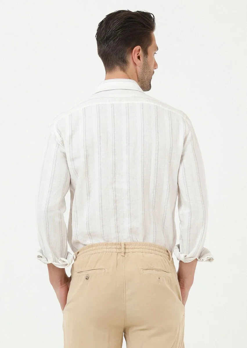 Bej Çizgili Regular Fit Dokuma Casual Pamuk Karışımlı Gömlek - 4