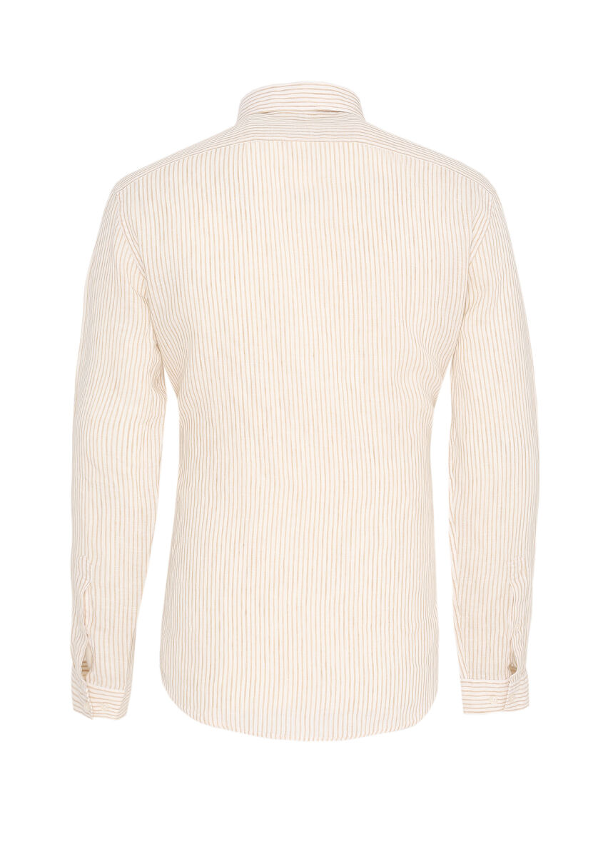 Bej Çizgili Regular Fit Uzun Dokuma Casual %100 Keten Gömlek - 6