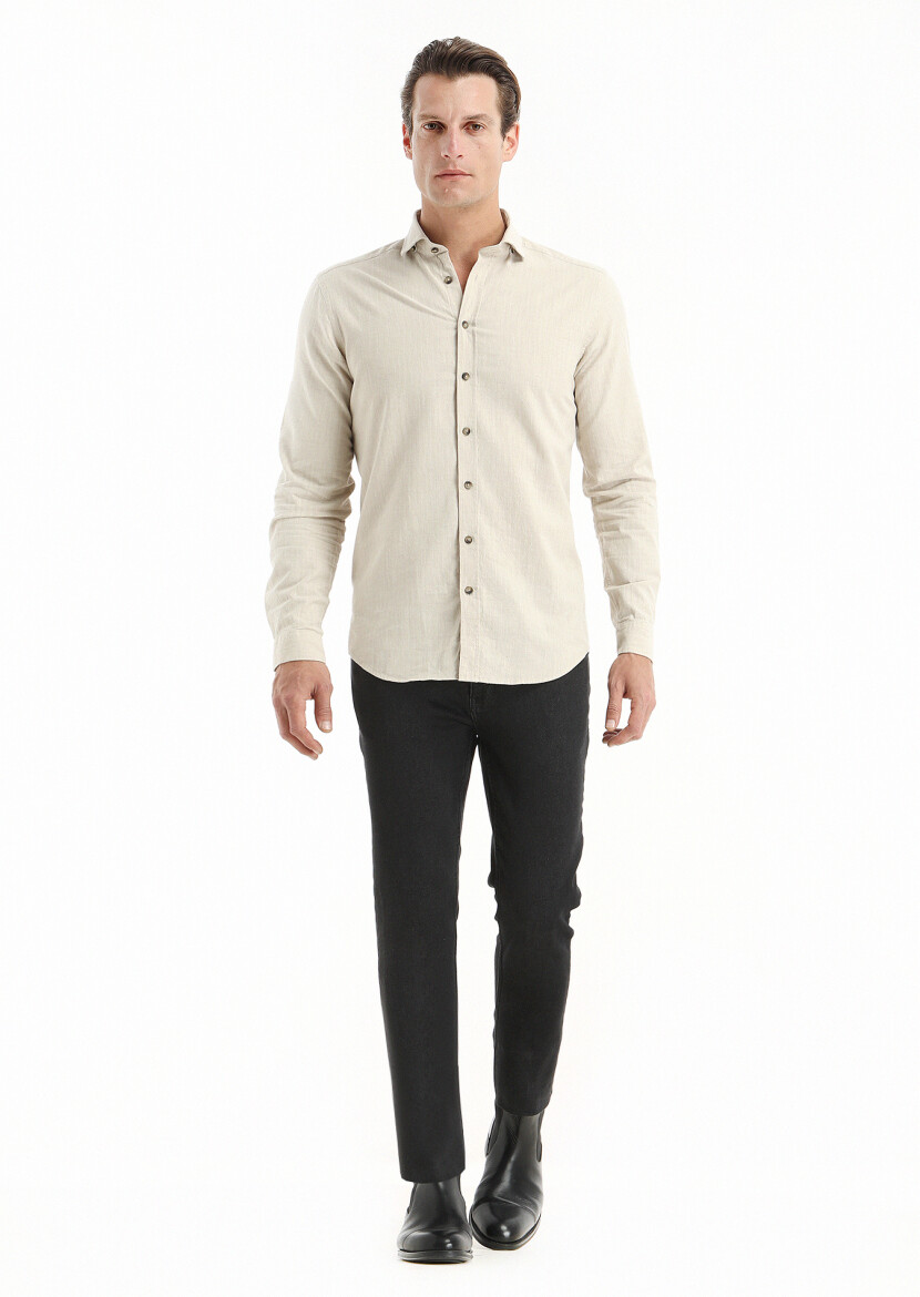 Bej Çizgili Regular Fit Uzun Dokuma Casual %100 Pamuk Gömlek - 1