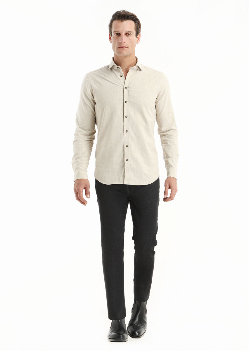Bej Çizgili Regular Fit Uzun Dokuma Casual %100 Pamuk Gömlek - 1