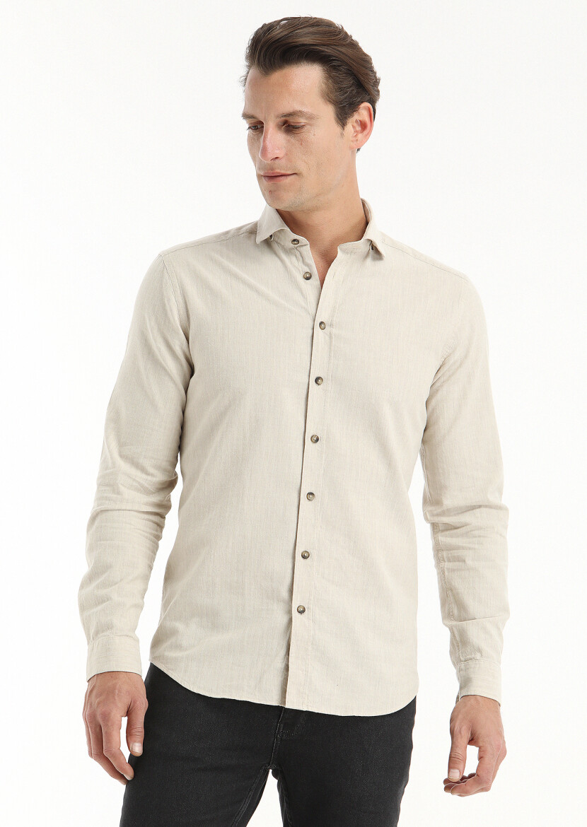 Bej Çizgili Regular Fit Uzun Dokuma Casual %100 Pamuk Gömlek - 3