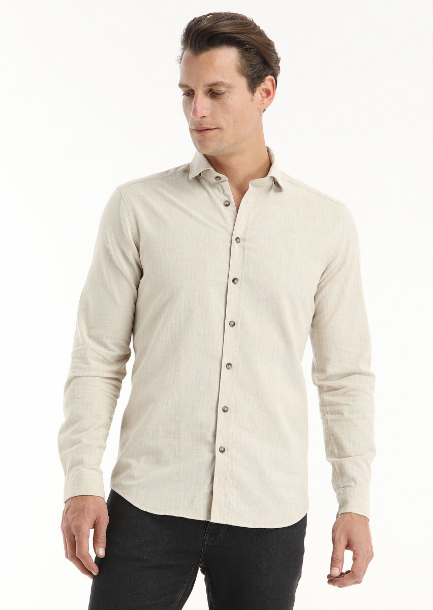 Bej Çizgili Regular Fit Uzun Dokuma Casual %100 Pamuk Gömlek - 3