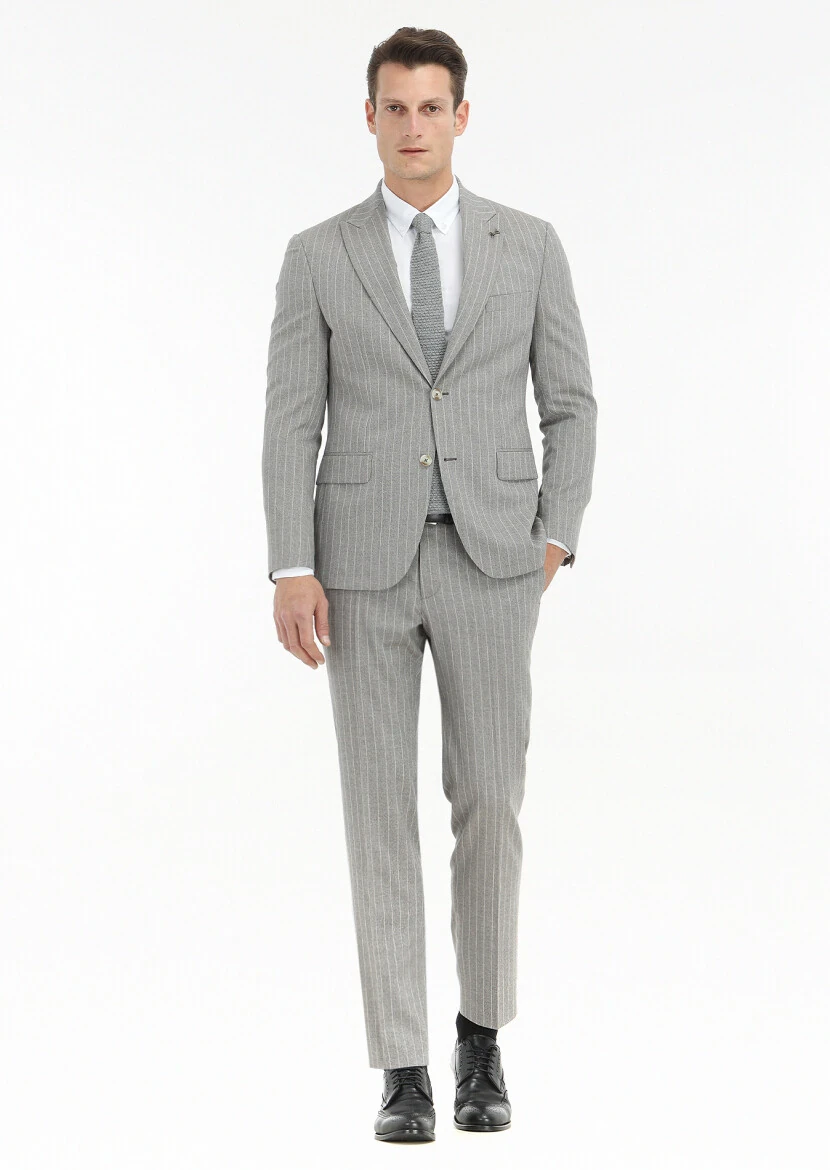Bej Çizgili Zeroweight Slim Fit İpek Karışımlı Takım Elbise - 1