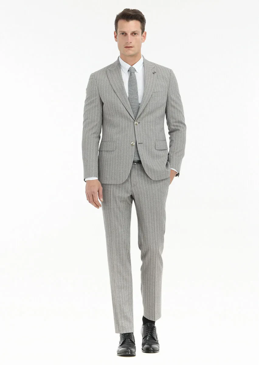 Bej Çizgili Zeroweight Slim Fit İpek Karışımlı Takım Elbise - 1