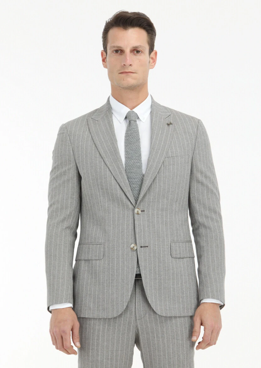 Bej Çizgili Zeroweight Slim Fit İpek Karışımlı Takım Elbise - 2