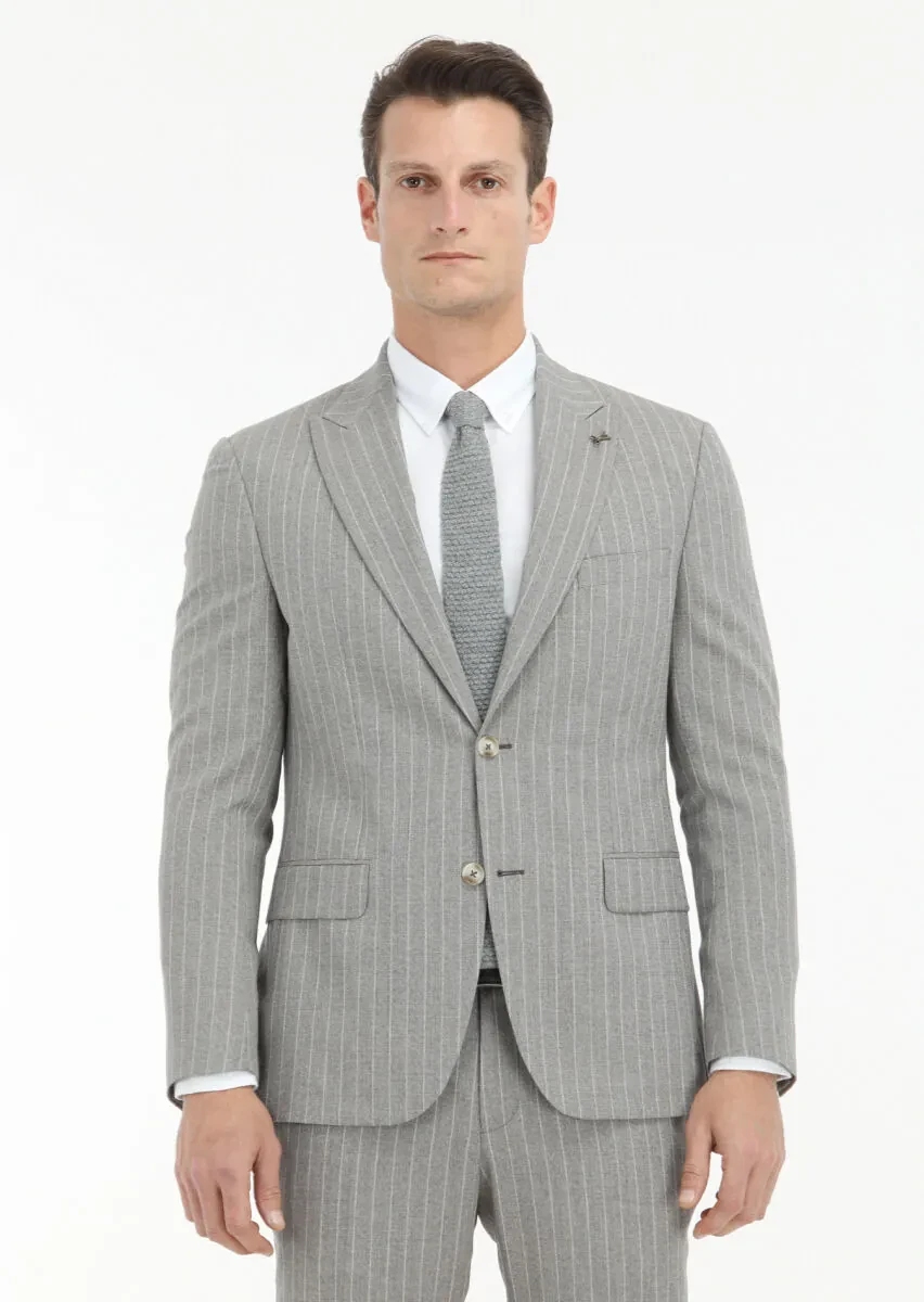 Bej Çizgili Zeroweight Slim Fit İpek Karışımlı Takım Elbise - 2