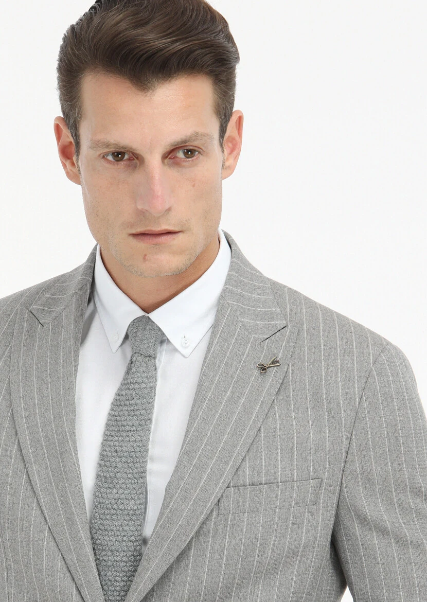 Bej Çizgili Zeroweight Slim Fit İpek Karışımlı Takım Elbise - 3