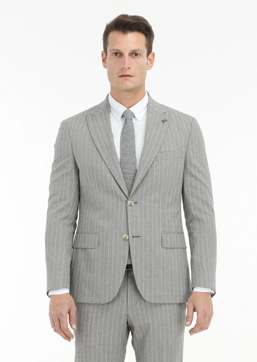 Bej Çizgili Zeroweight Slim Fit İpek Karışımlı Takım Elbise - 5