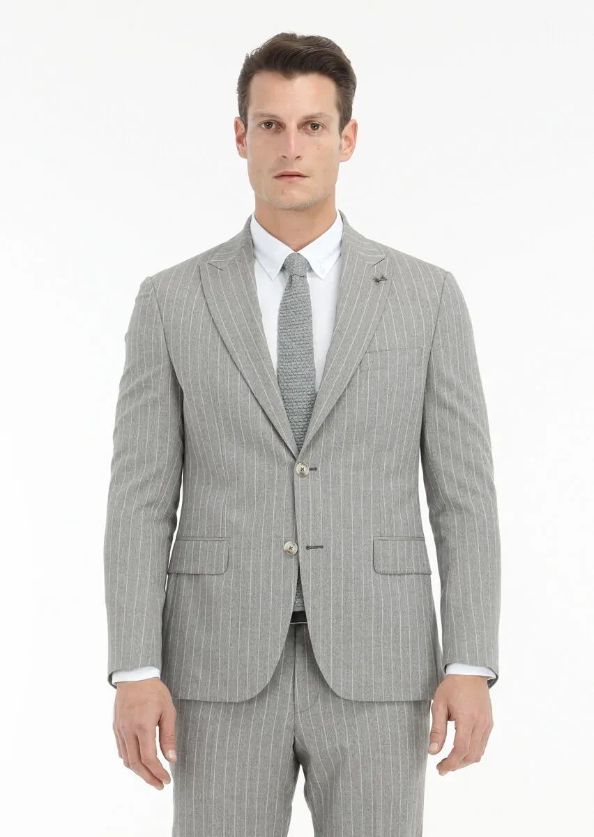 Bej Çizgili Zeroweight Slim Fit İpek Karışımlı Takım Elbise - 5