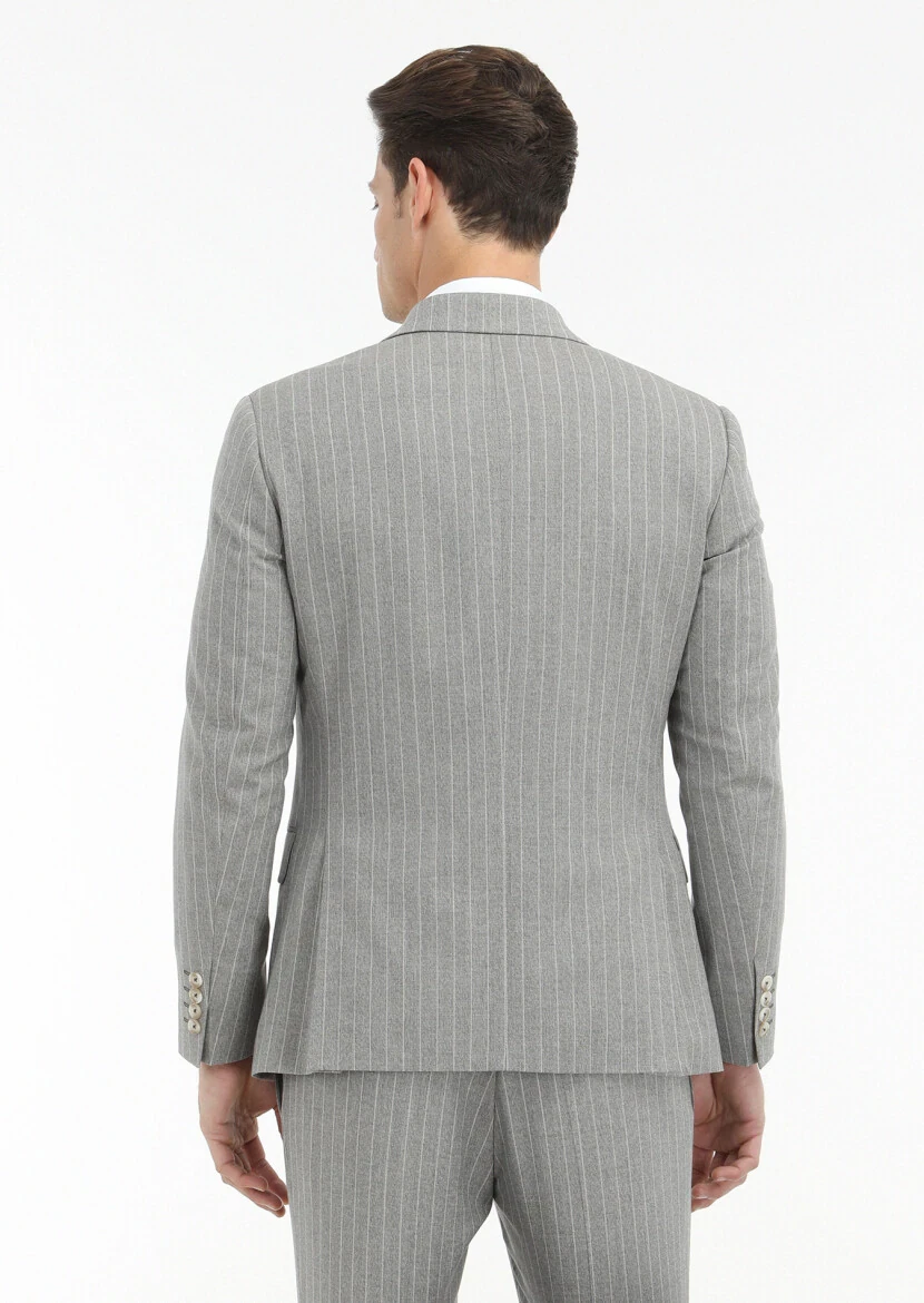 Bej Çizgili Zeroweight Slim Fit İpek Karışımlı Takım Elbise - 6