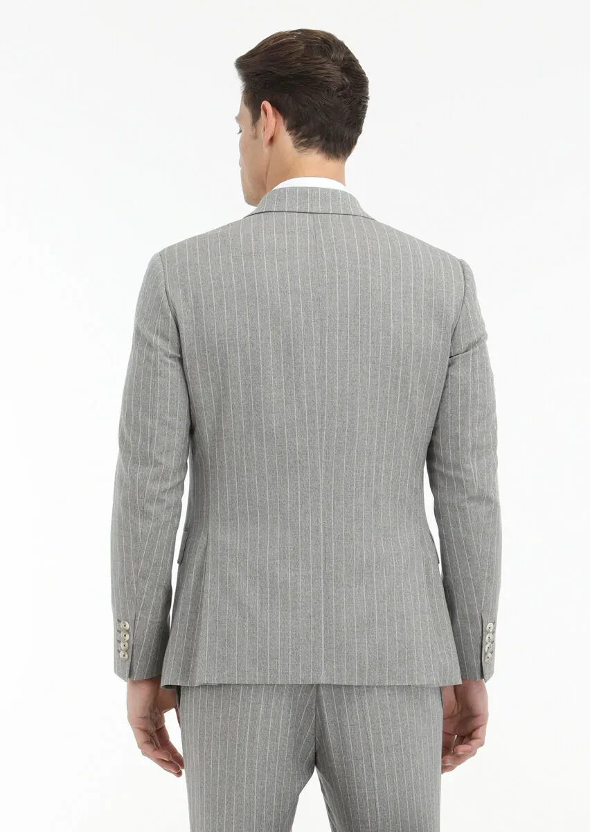 Bej Çizgili Zeroweight Slim Fit İpek Karışımlı Takım Elbise - 6