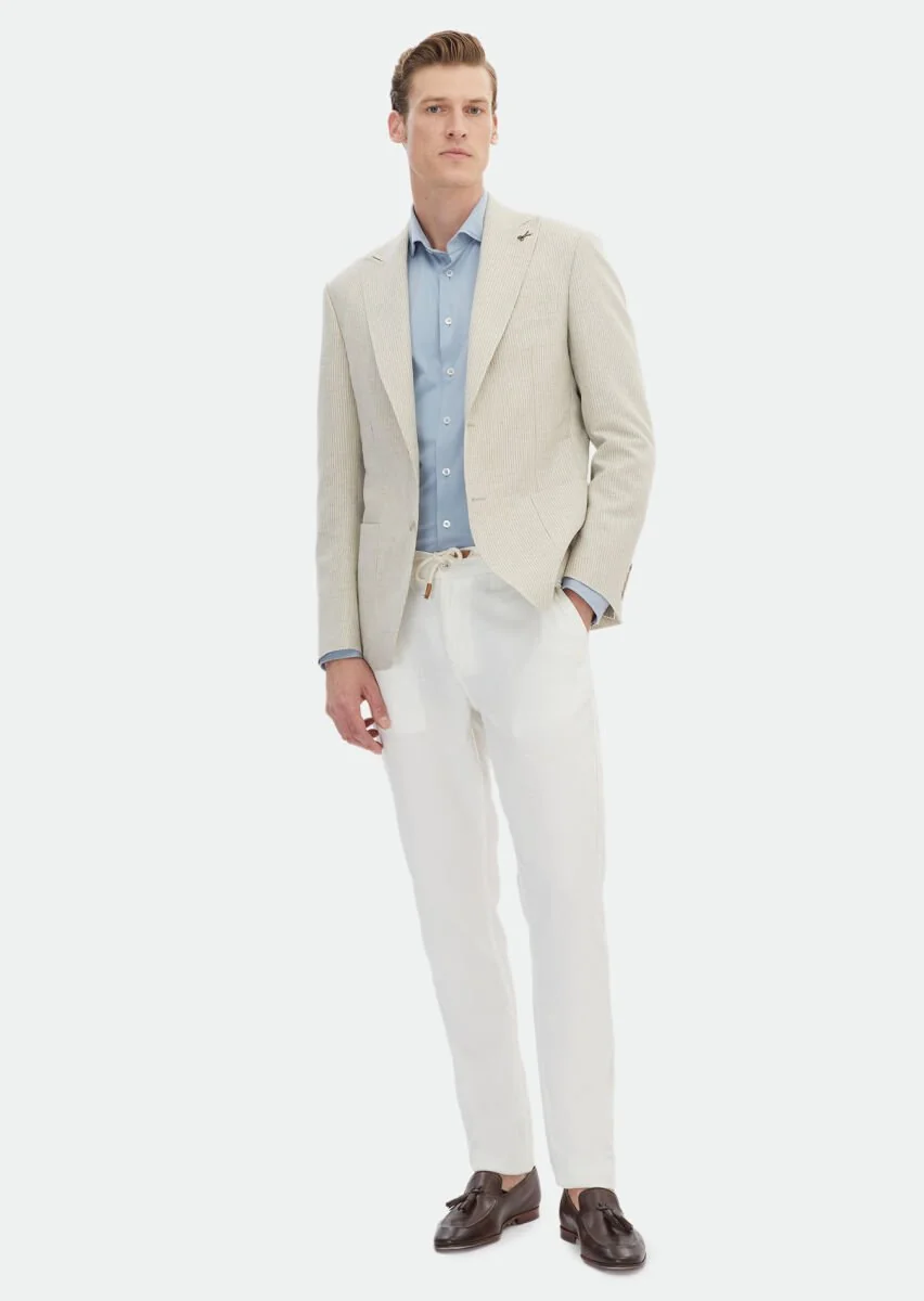 Bej Çizgili Zeroweight Slim Fit Pamuk Karışımlı Ceket - 2