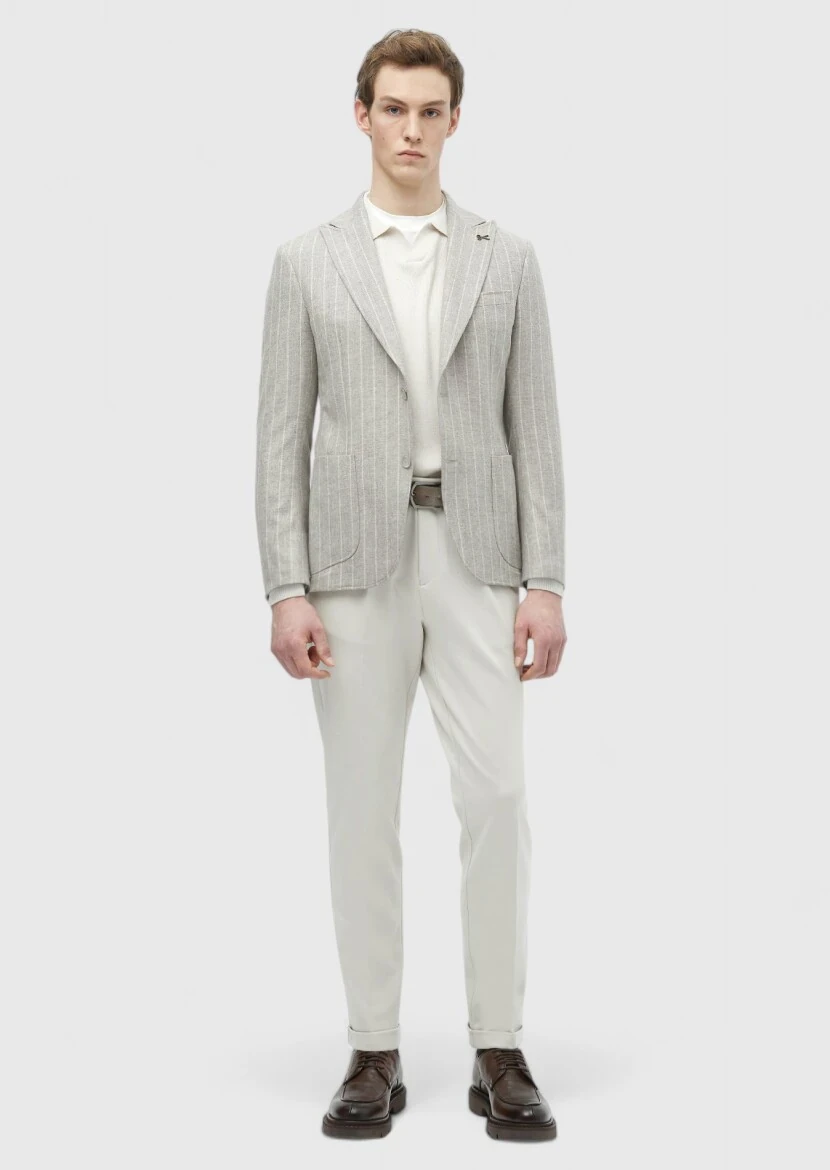 Bej Çizgili Zeroweight Slim Fit Yün Karışımlı Ceket - RAMSEY