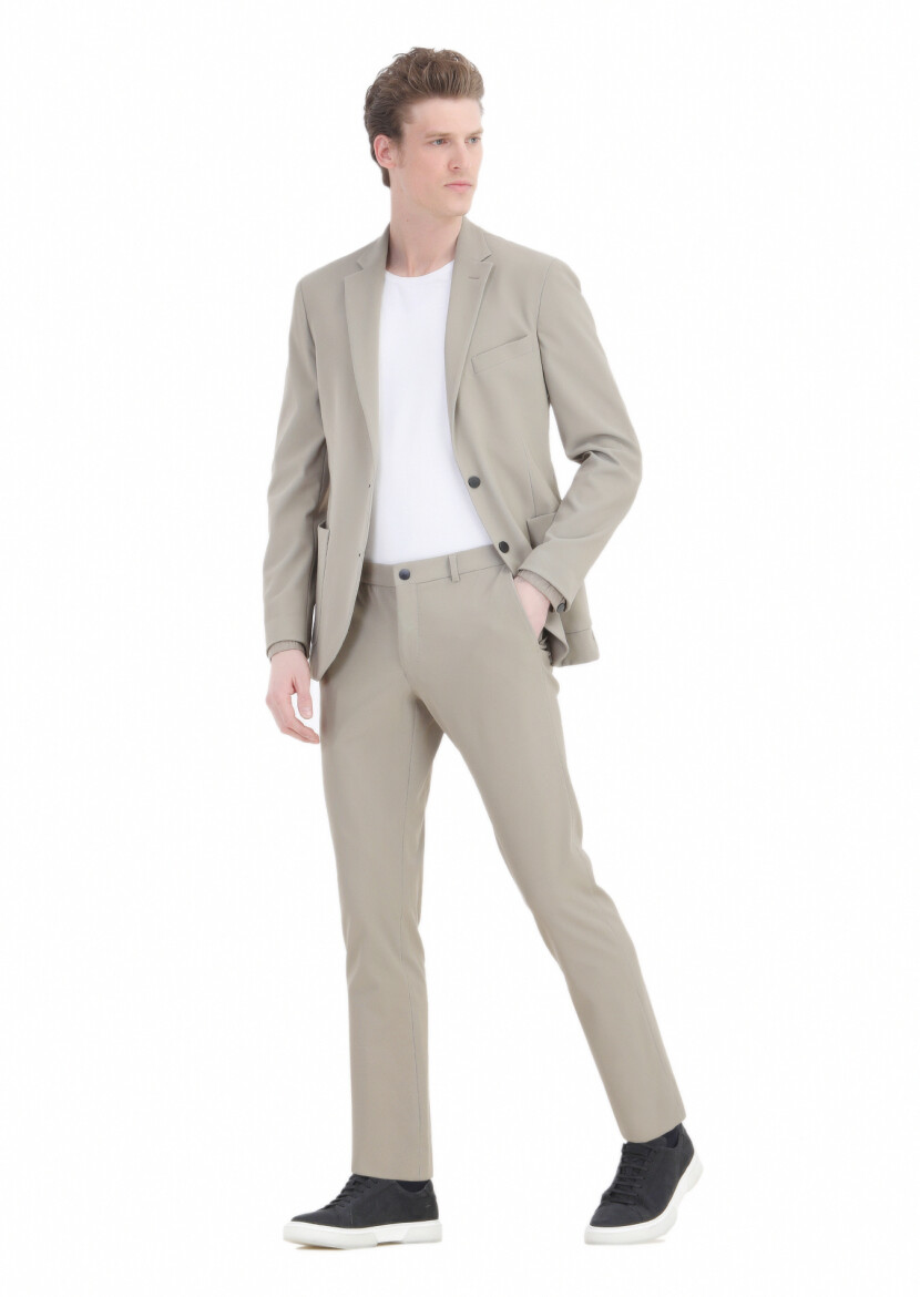 Bej Desenli Comfort Fit Örme Takım Elbise 