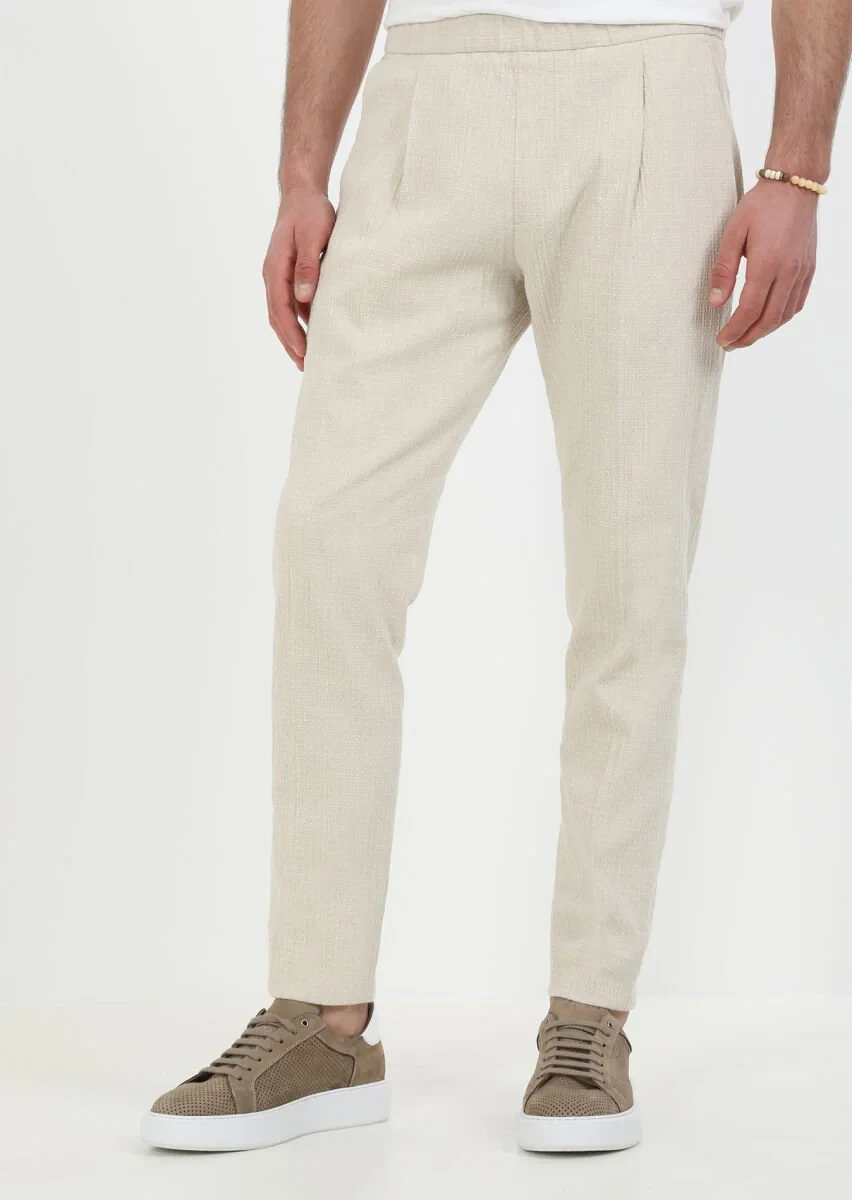Bej Desenli Dokuma Casual Pamuk Karışımlı Pantolon - 2