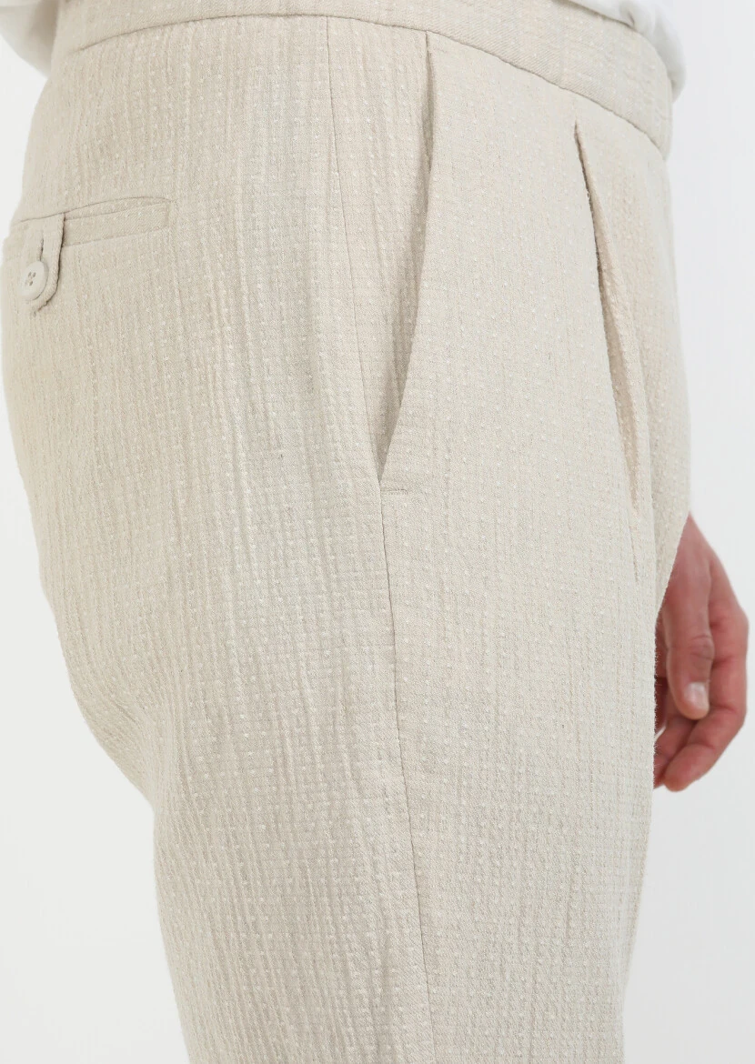 Bej Desenli Dokuma Casual Pamuk Karışımlı Pantolon - 3