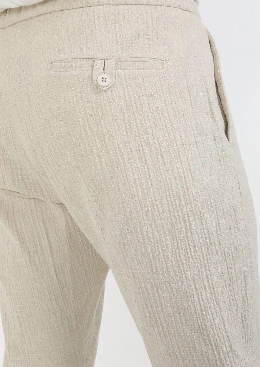 Bej Desenli Dokuma Casual Pamuk Karışımlı Pantolon - 4