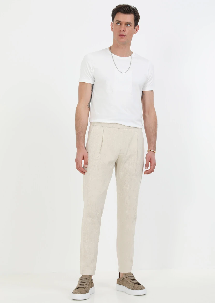 Bej Desenli Dokuma Casual Pamuk Karışımlı Pantolon - 5