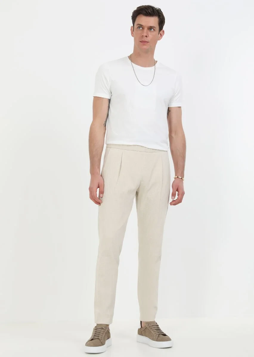 Bej Desenli Dokuma Casual Pamuk Karışımlı Pantolon - 5