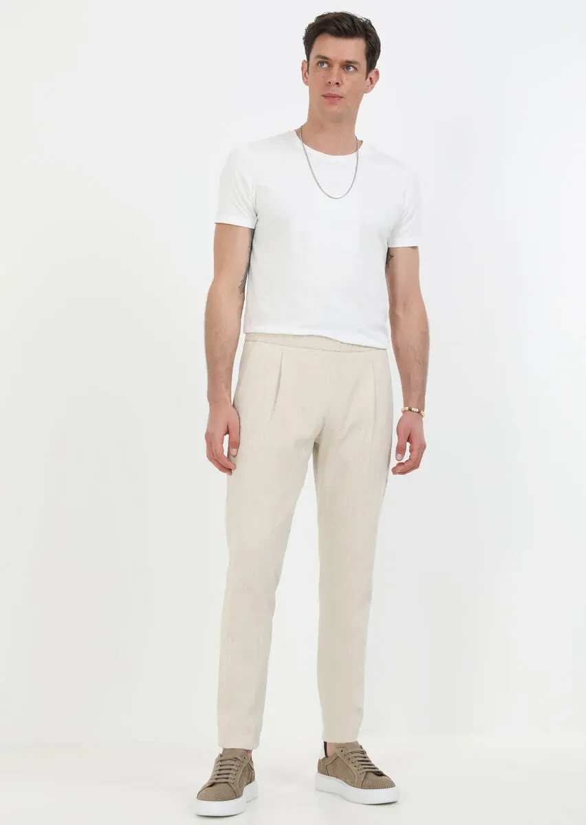 Bej Desenli Dokuma Jogging Fit Casual Pamuk Karışımlı Pantolon - 5