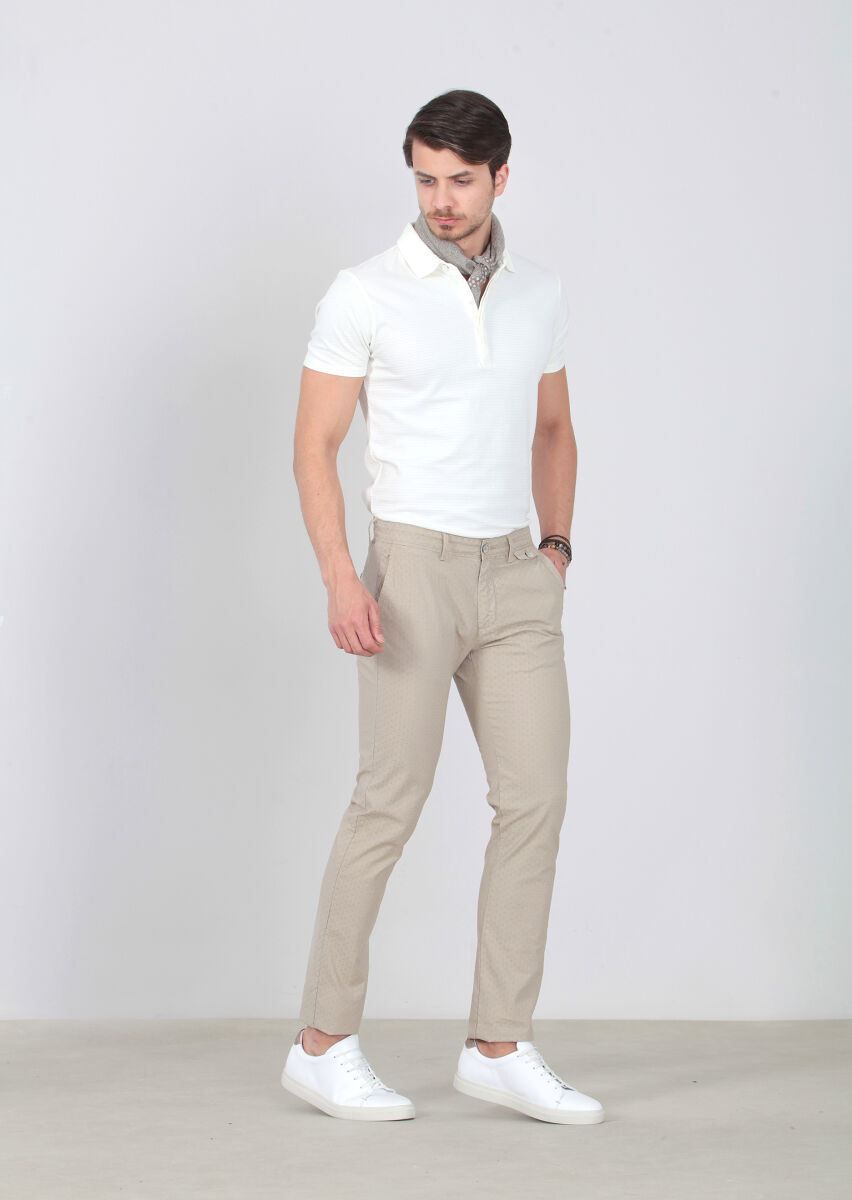 Bej Desenli Dokuma Regular Fit Casual Pamuk Karışımlı Pantolon - 2