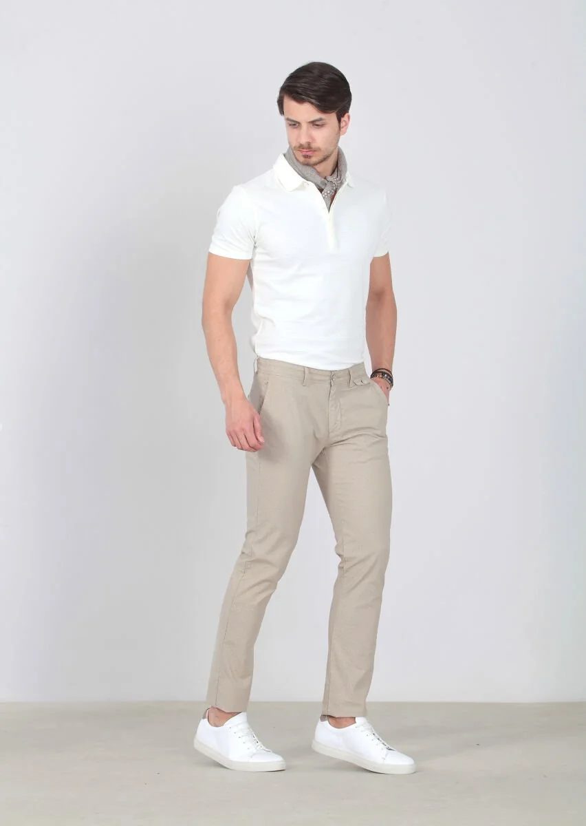 Bej Desenli Dokuma Regular Fit Casual Pamuk Karışımlı Pantolon - 2