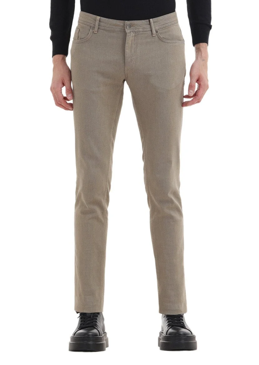 Bej Desenli Dokuma Slim Fit Casual Pamuk Karışımlı Pantolon 
