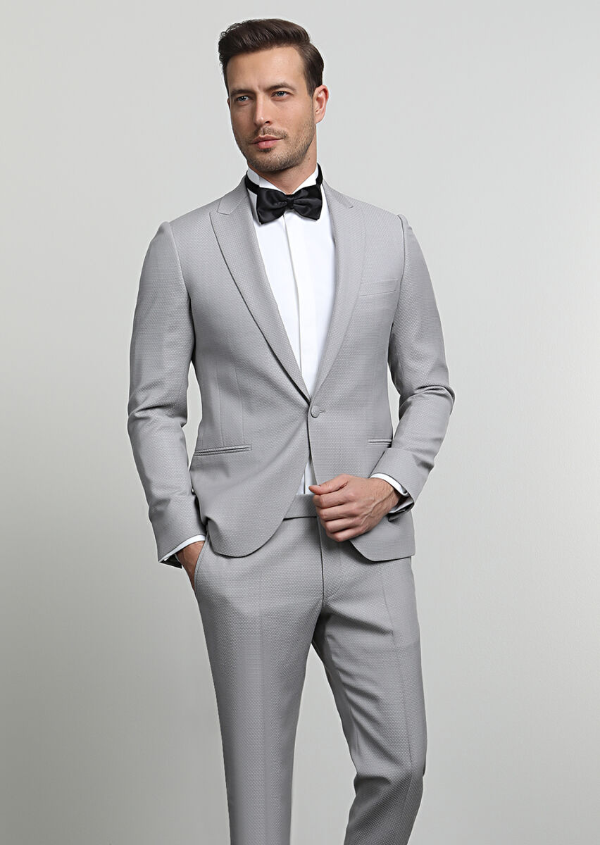 Bej Desenli Fashion Slim Fit Kruvaze Yaka Dokuma Smokin Takım Elbise - 1