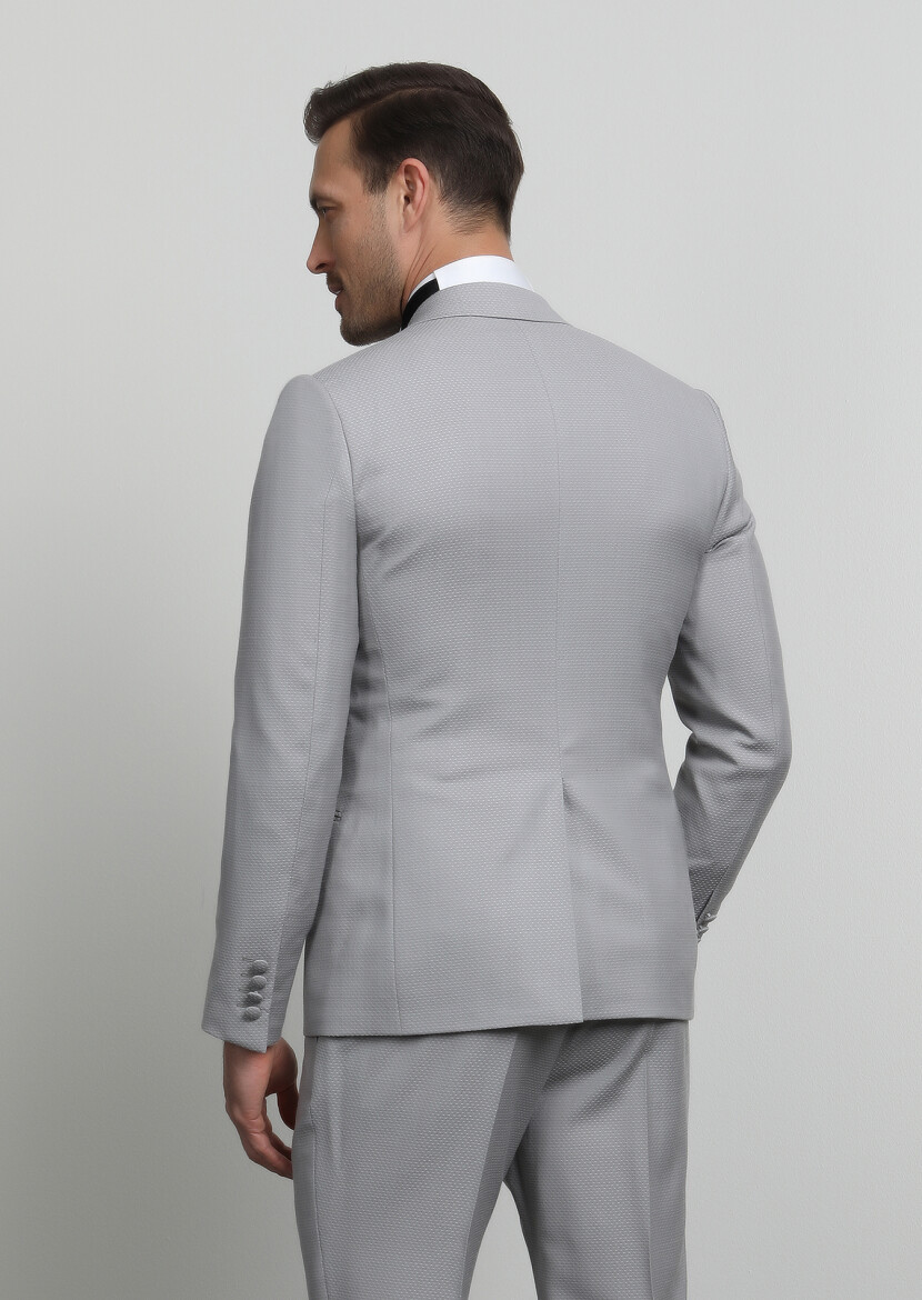 Bej Desenli Fashion Slim Fit Kruvaze Yaka Dokuma Smokin Takım Elbise - 4