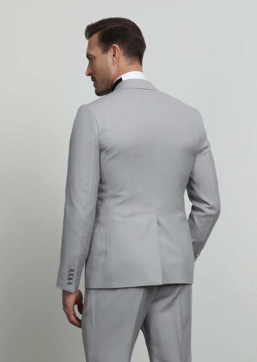 Bej Desenli Fashion Slim Fit Kruvaze Yaka Dokuma Smokin Takım Elbise - 4