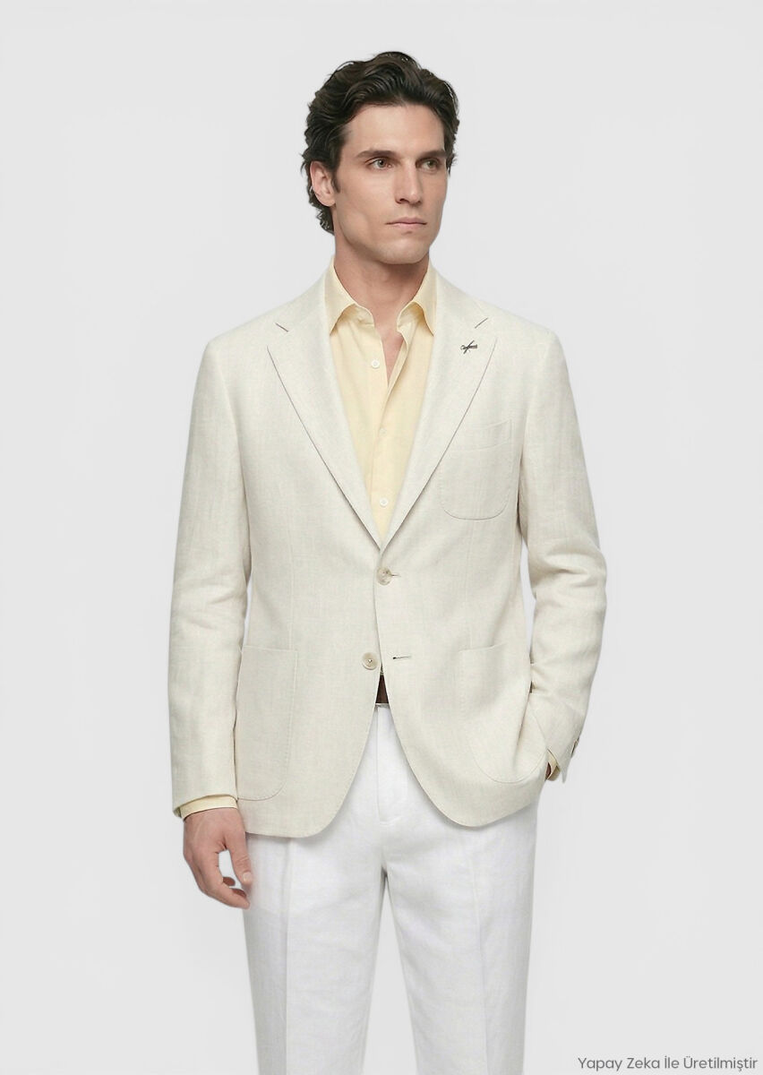 RAMSEY Bej Desenli Shirt Shoulder Slim Fit Pamuk Karışımlı Ceket
