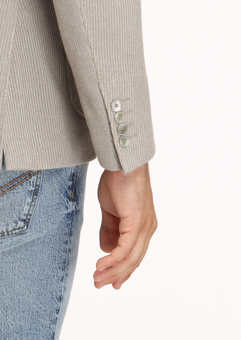 Bej Desenli Shirt Shoulder Slim Fit Pamuk Karışımlı Örme Ceket - 4