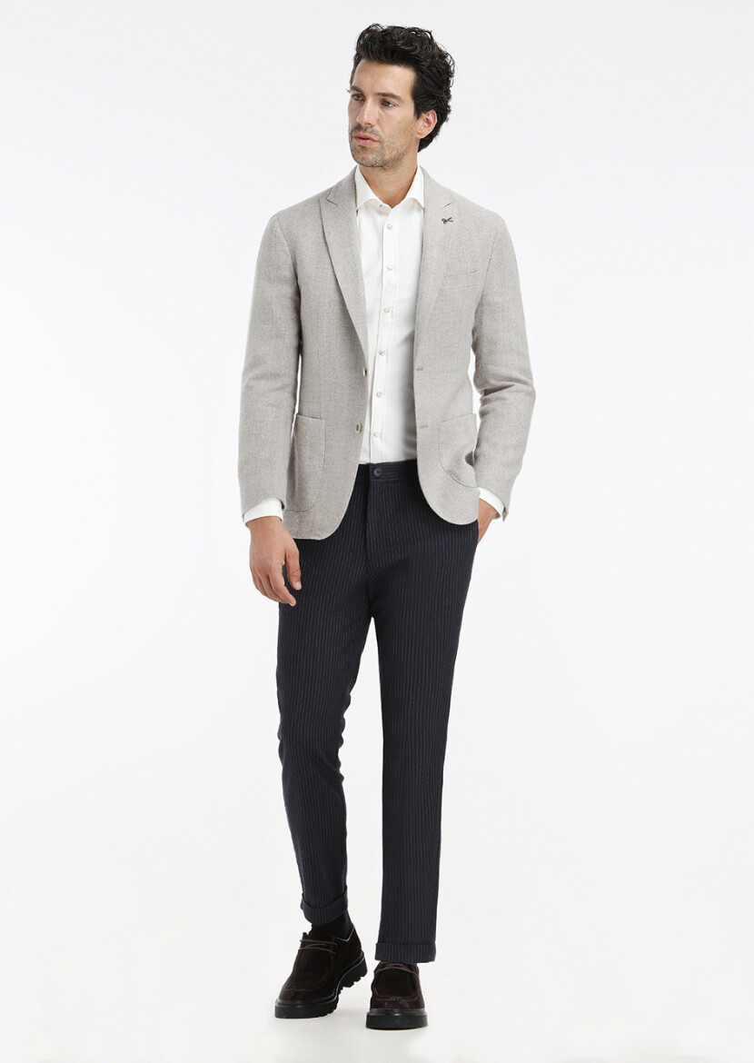 Bej Desenli Shirt Shoulder Slim Fit Yün Karışımlı Ceket - 1