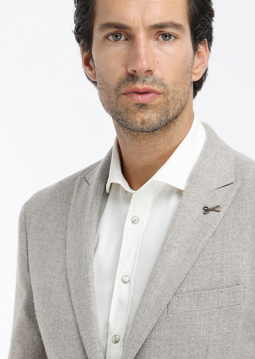 Bej Desenli Shirt Shoulder Slim Fit Yün Karışımlı Ceket - 3