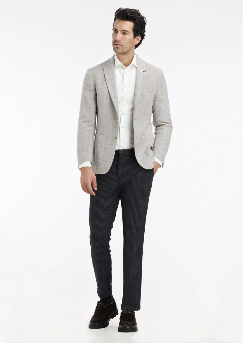 Bej Desenli Shirt Shoulder Slim Fit Yün Karışımlı Ceket - 1