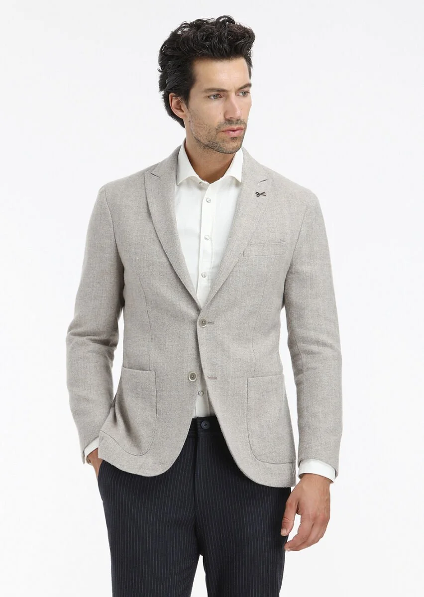 Bej Desenli Shirt Shoulder Slim Fit Yün Karışımlı Ceket - 2
