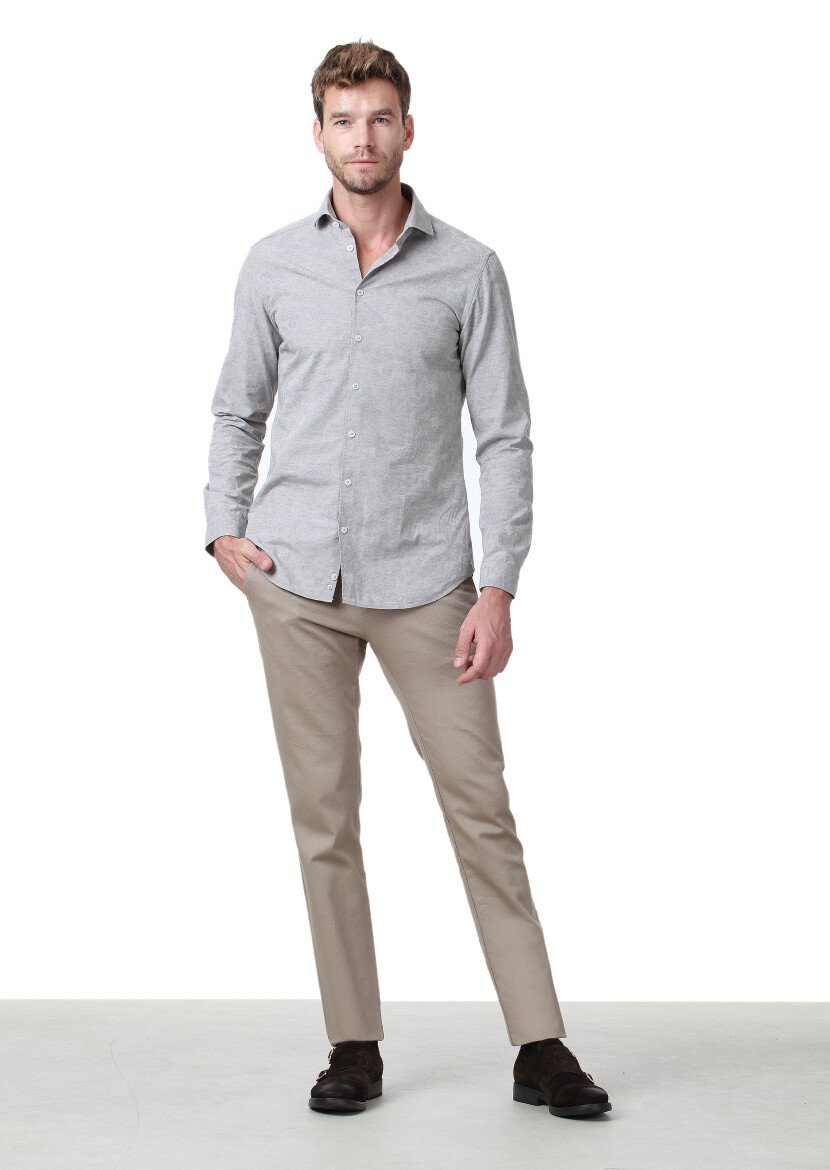 Bej Desenli Slim Fit Dokuma Casual %100 Pamuk Gömlek - 2