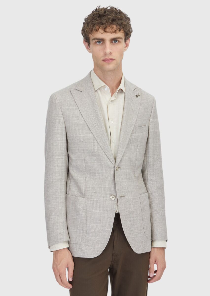 RAMSEY Bej Desenli Zeroweight Slim Fit İpek Karışımlı Ceket