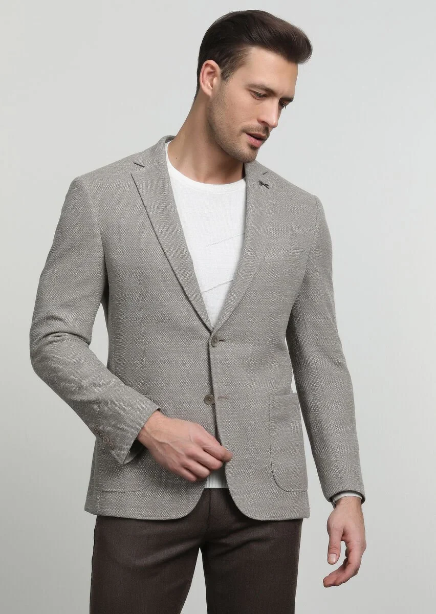 Bej Desenli Zeroweight Slim Fit Pamuk Karışımlı Örme Ceket - 1