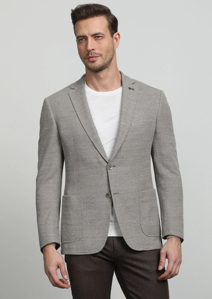 Bej Desenli Zeroweight Slim Fit Pamuk Karışımlı Örme Ceket - 3