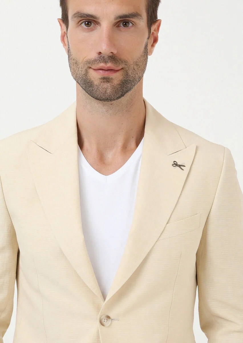Bej Desenli Zeroweight Slim Fit Pamuk Karışımlı Takım Elbise - 3