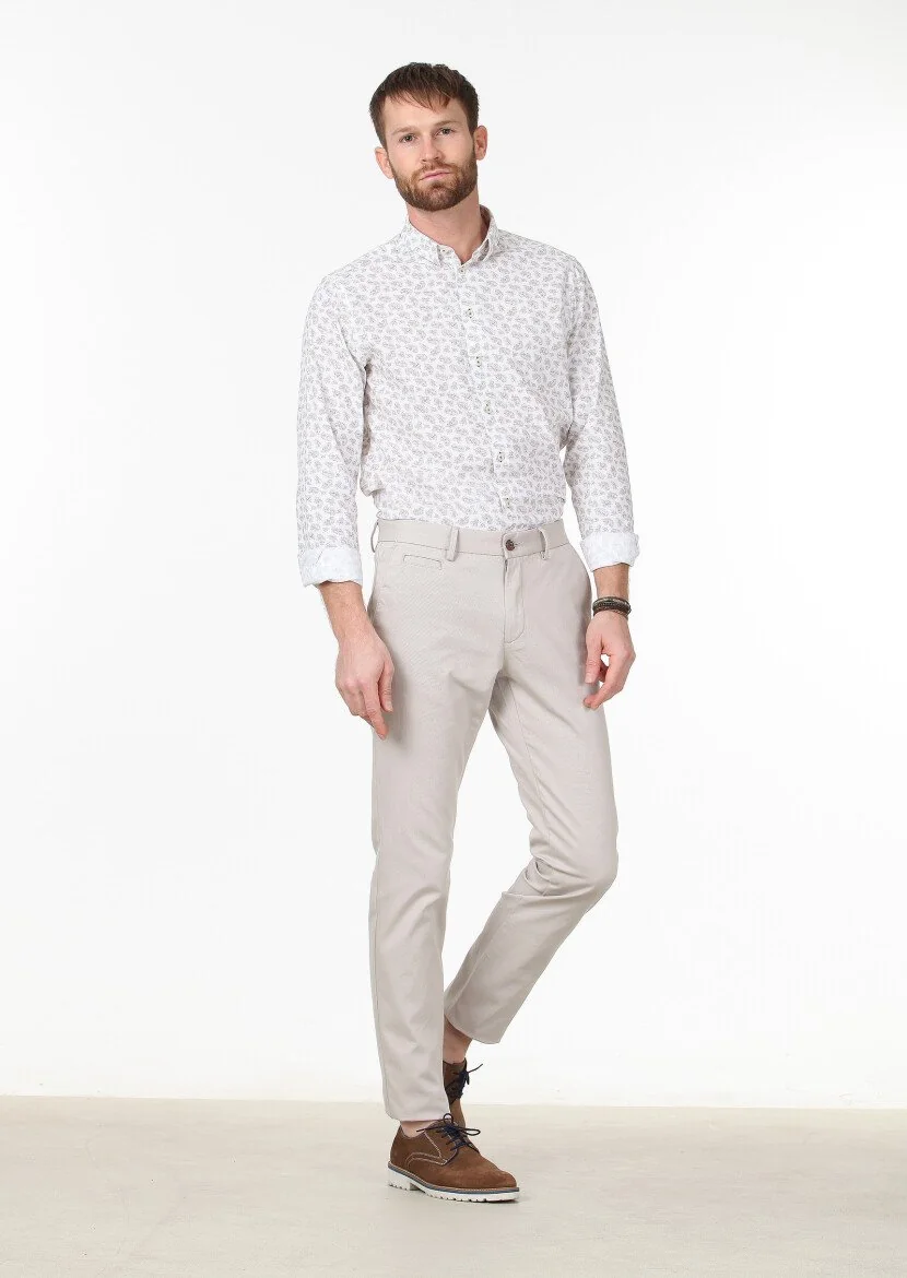 Bej Dokuma Regular Fit Casual Pamuk Karışımlı Pantolon - 1