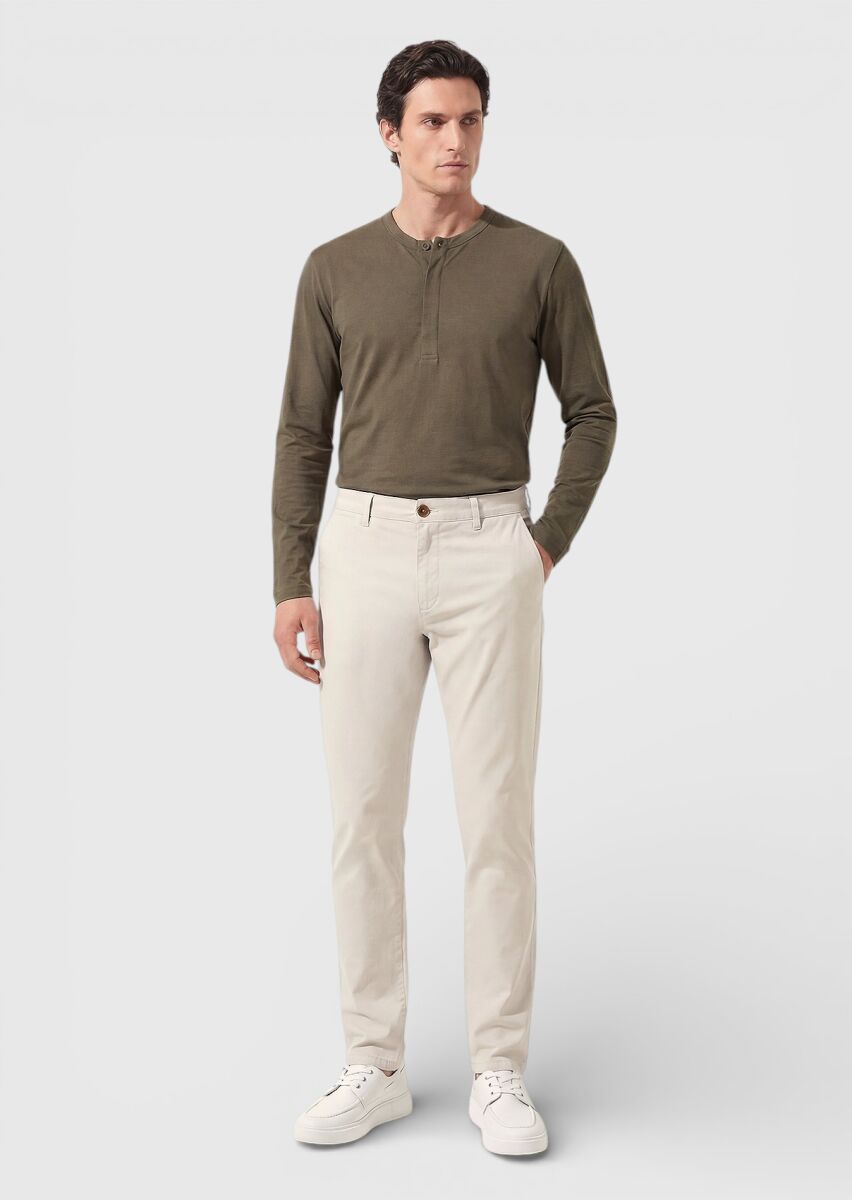 Bej Düz Dokuma Regular Fit Casual Pamuk Karışımlı Pantolon - 3