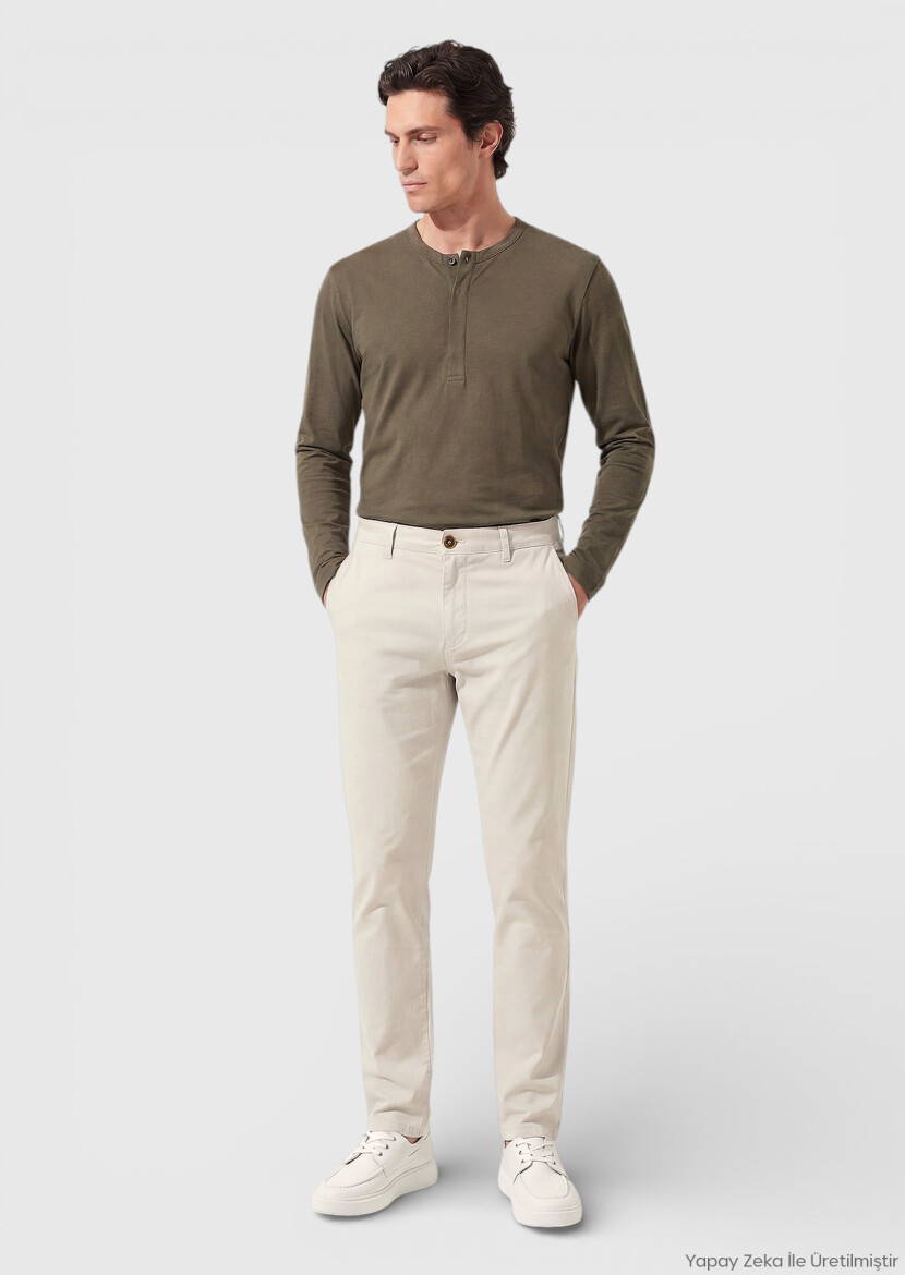 Bej Düz Dokuma Regular Fit Casual Pamuk Karışımlı Pantolon 